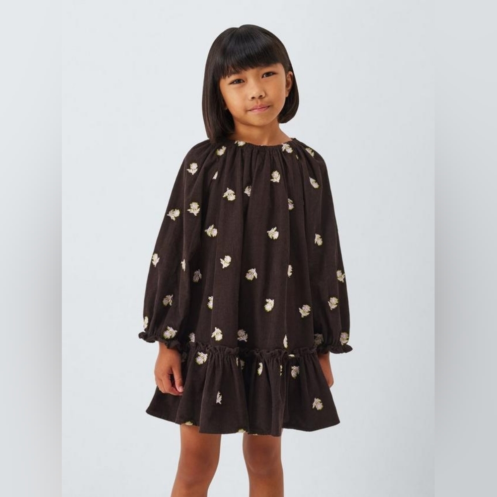 John Lewis | Kids' Embroidered Floral‎ Corduroy Dress, Brown, White